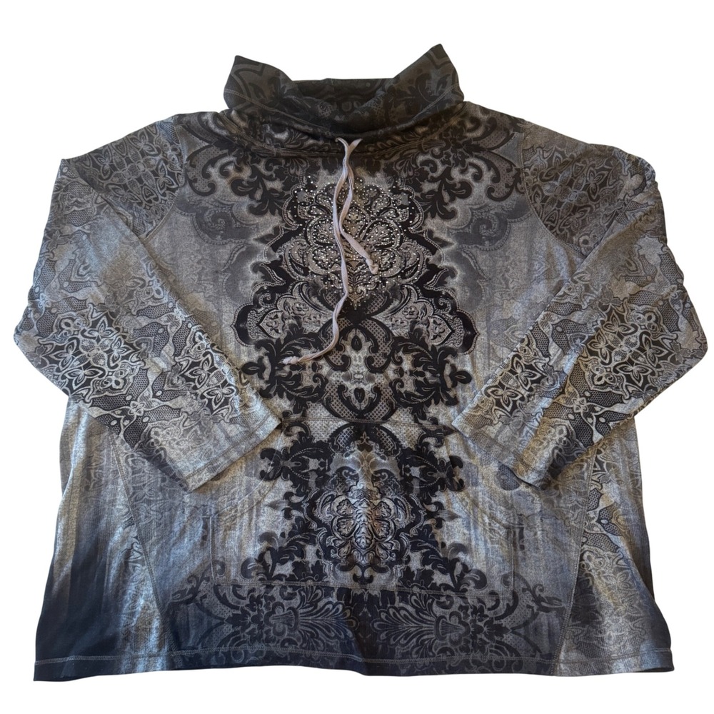 Y2K World Unity Women's Rhinestone Damask Cowl Neck Long Sleeve‎ Top Size 2X